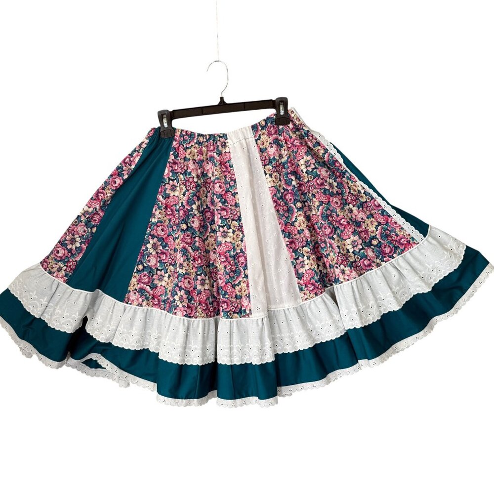 Vintage Patchwork Prairie A Line Skirt Knee Length Floral Eyelet L